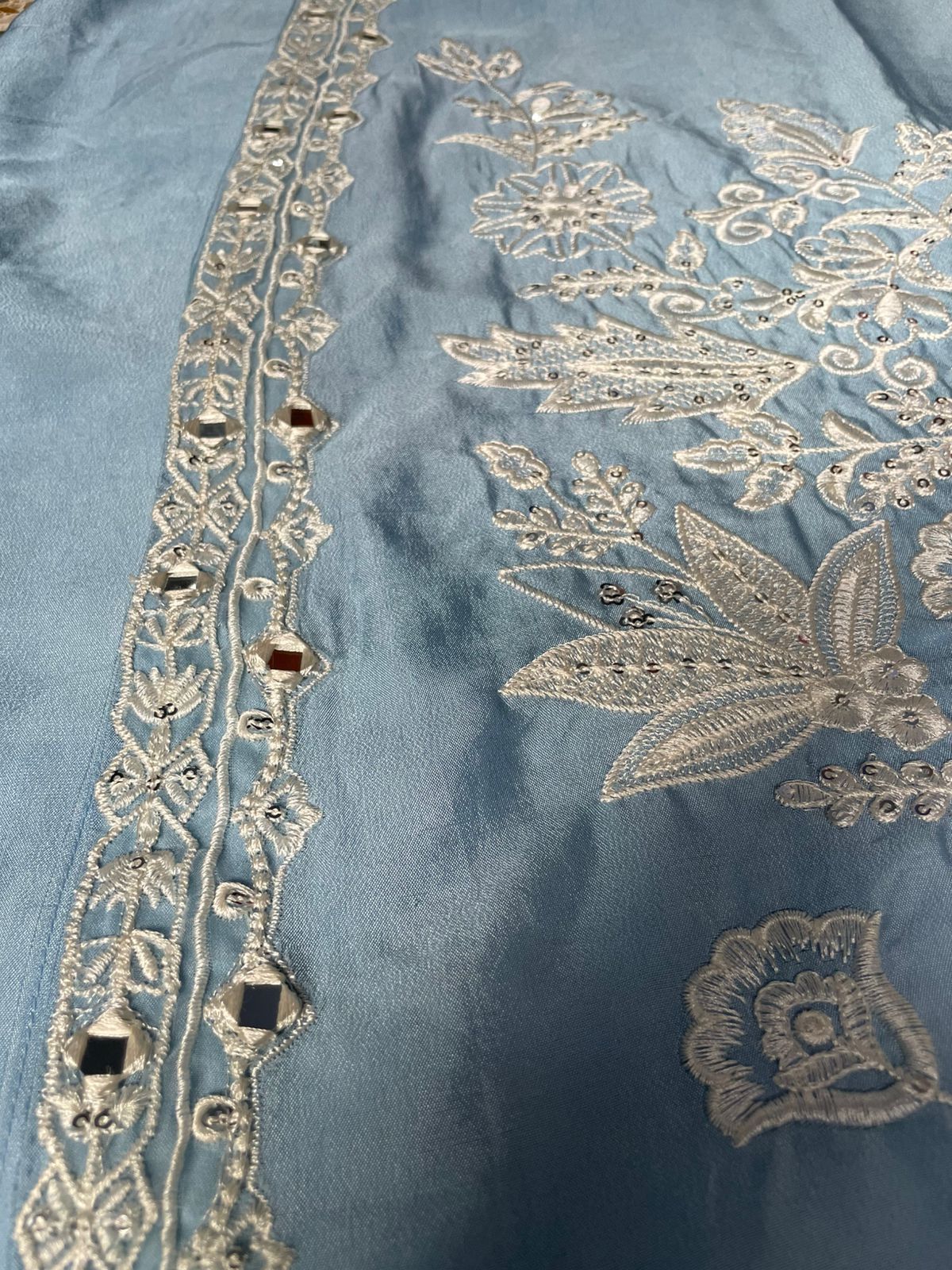 Premium Embroidered Pure Sheesha Silk Kaftan Set (3 PCS Stitched) – Powder Blue & White