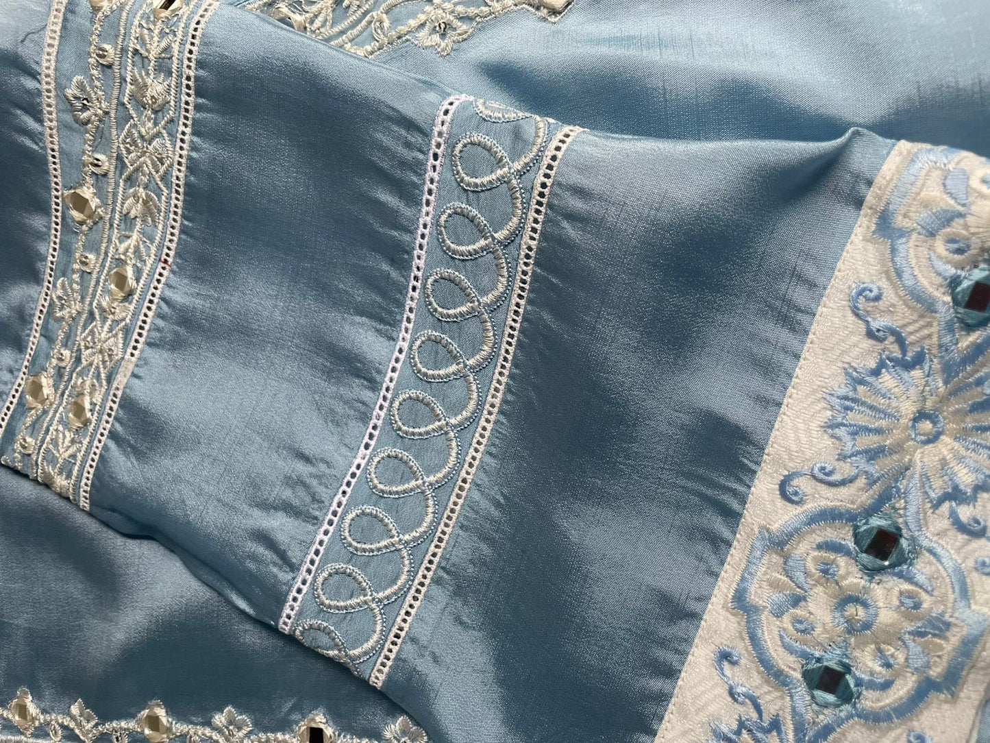 Premium Embroidered Pure Sheesha Silk Kaftan Set (3 PCS Stitched) – Powder Blue & White