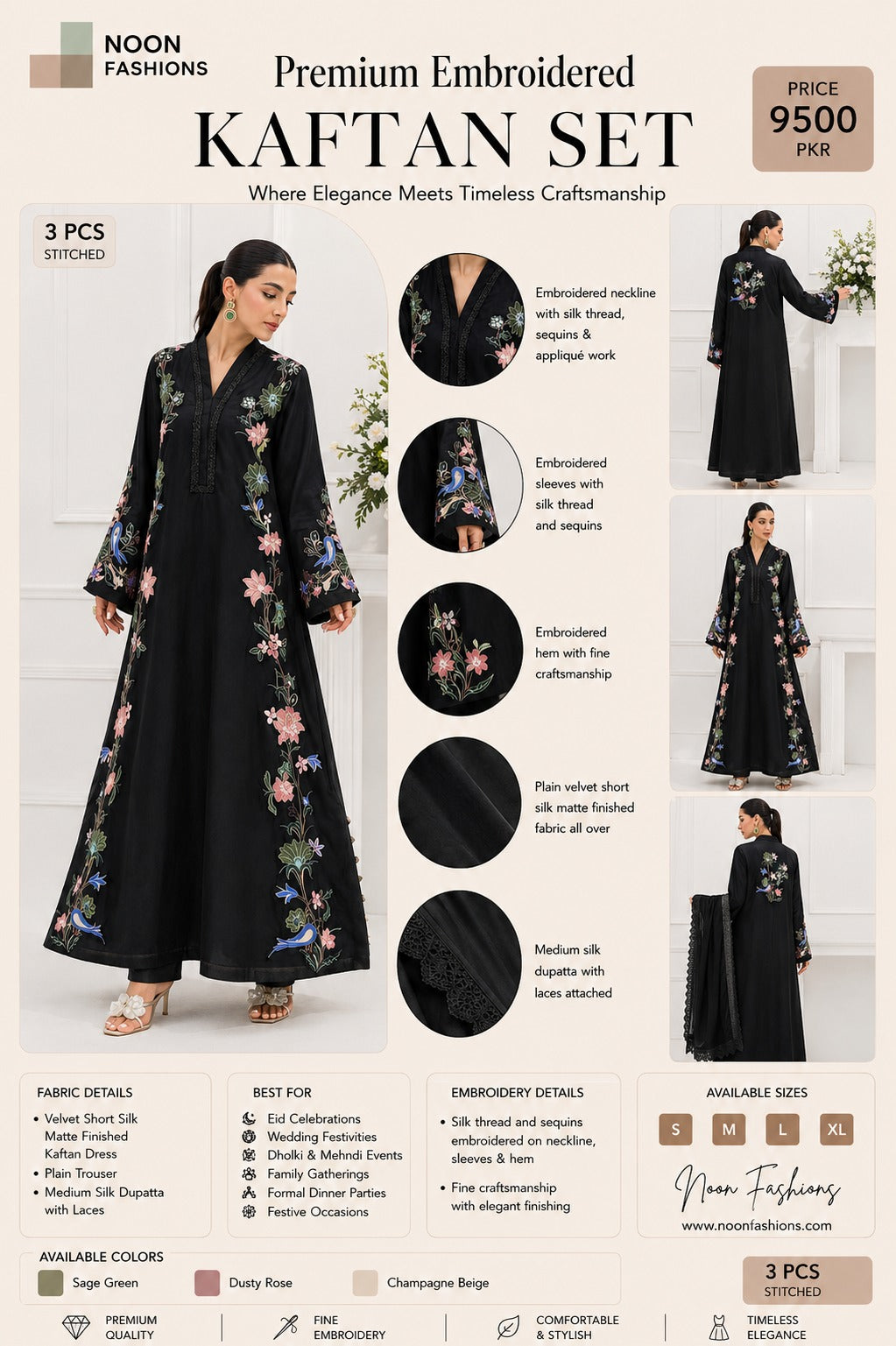 Luxury Embroidered Russian Silk Kaftan – 3 Piece Stitched Set