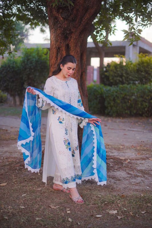 Premium Embroidered Chikankari Cotton Lawn Set (3 PCS Stitched) – Off-White & Ocean Blue