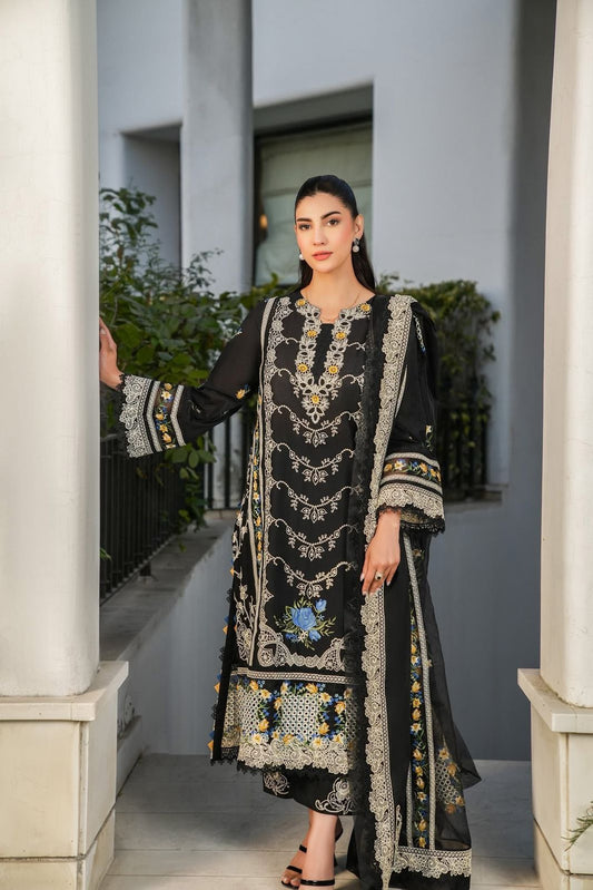 Premium Embroidered Chikankari Cotton Lawn Set (3 PCS Stitched) – Royal Black & Floral Accent