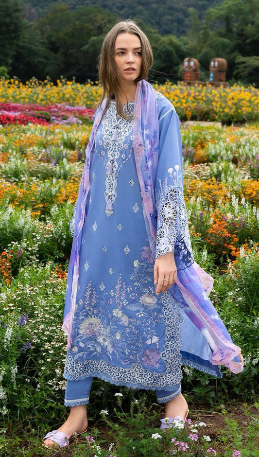 Premium Embroidered Chikankari Cotton Lawn Set (3 PCS Stitched) – Soft Periwinkle Blue