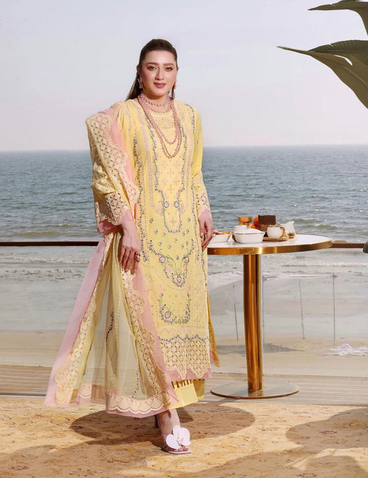 Premium Embroidered Chikankari Cotton Lawn Set (3 PCS Stitched) – Pastel Yellow & Peach