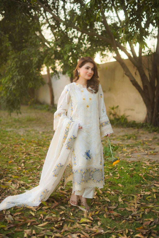 Premium Embroidered Chikankari Cotton Lawn Set (3 PCS Stitched) – Ivory White & Yellow Accent