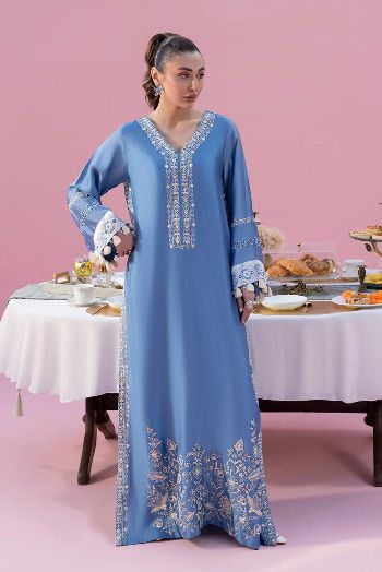 Premium Embroidered Pure Sheesha Silk Kaftan Set (3 PCS Stitched) – Powder Blue & White
