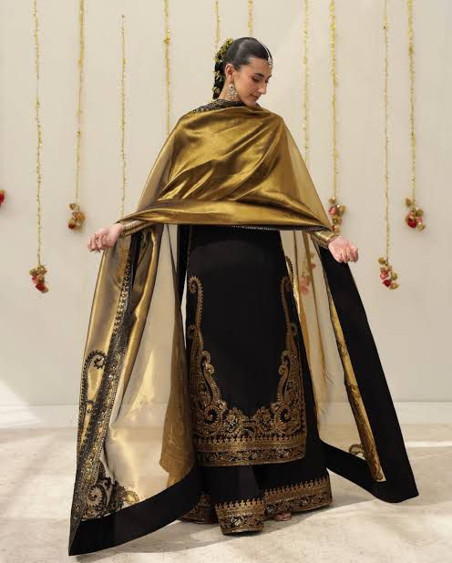 Exclusive Velvet Silk Embroidered Sharara Set (3 PCS Stitched) – Black & Gold