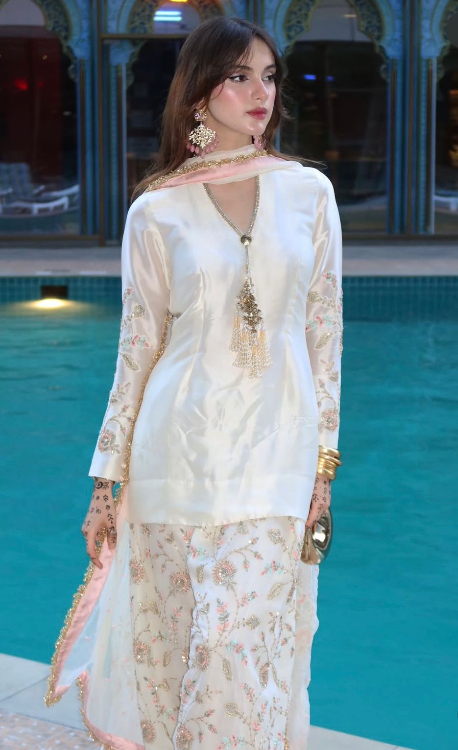 Premium Embroidered Raw Silk Set With Chiffon Farshi Shalwar (3 PCS Stitched) – Ivory Cream
