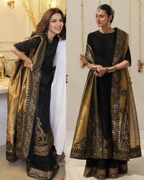 Exclusive Velvet Silk Embroidered Sharara Set (3 PCS Stitched) – Black & Gold