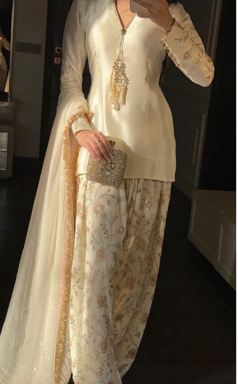 Premium Embroidered Raw Silk Set With Chiffon Farshi Shalwar (3 PCS Stitched) – Ivory Cream