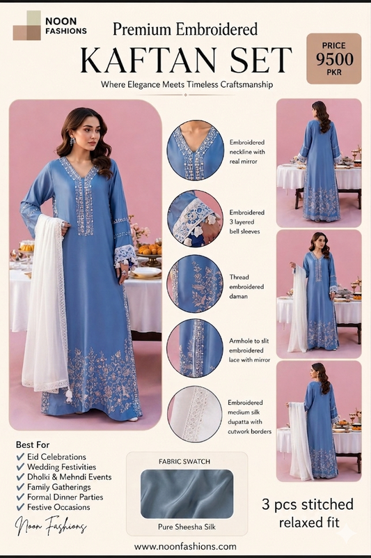 Premium Embroidered Pure Sheesha Silk Kaftan Set (3 PCS Stitched) – Powder Blue & White