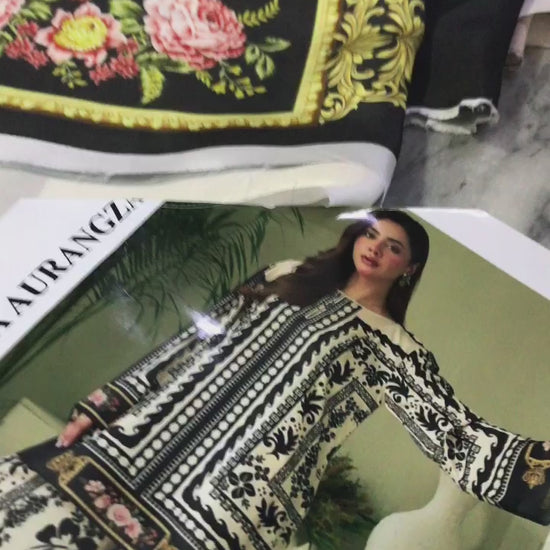 Digital Printed Charmeuse Silk Shirt & Trouser Set with Silk Dupatta – Luxury Loungewear & Party Wear