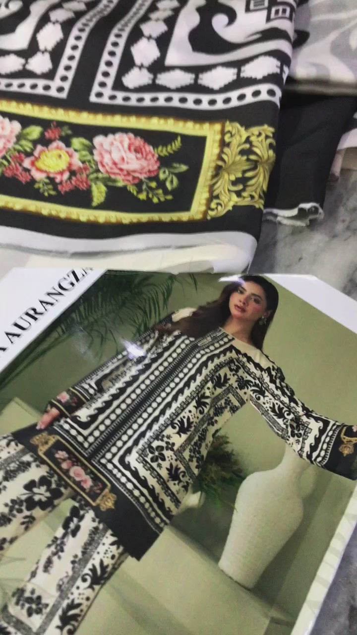 Digital Printed Charmeuse Silk Shirt & Trouser Set with Silk Dupatta – Luxury Loungewear & Party Wear