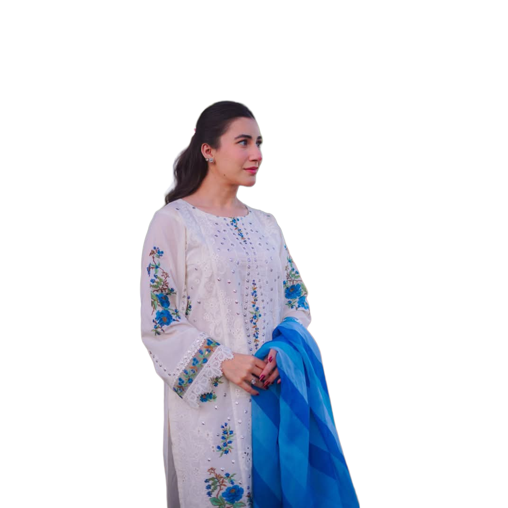 3-Pc Unstitched Chikankari Dress Set – Heavy Schifli Embroidery, Cutwork Laces, Printed Chiffon Dupatta | Summer Brunch & Office Wear